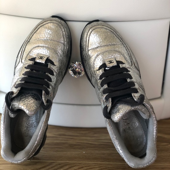 CHANEL Leather Silver Metallic Sneakers. 37 1/5 - Picture 3 of 8